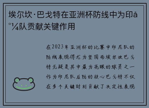 埃尔坎·巴戈特在亚洲杯防线中为印尼队贡献关键作用