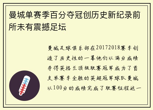 曼城单赛季百分夺冠创历史新纪录前所未有震撼足坛
